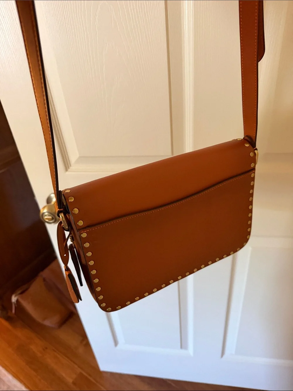 Coach Tan Leather Crossbody with Gold Studs & Turnlock